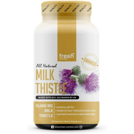 Fresh Nutrition Organic Milk Thistle Supplement 10,000mg (80% Silymarin) 60 Capsules