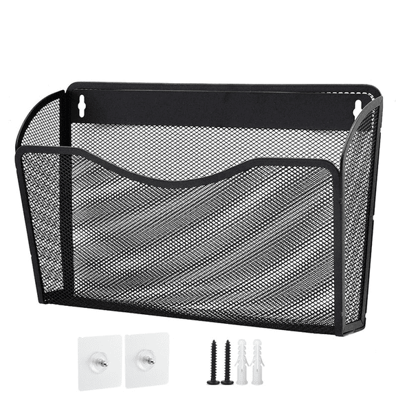 Wall File Holder, 13.8 x 4.1 in / 35 x 10.5 cm, Black Hanging Mounted Paper Mail Organizer, Vertical Pockets File Folder Document Basket, Metal Mesh Office Organizer for Wall