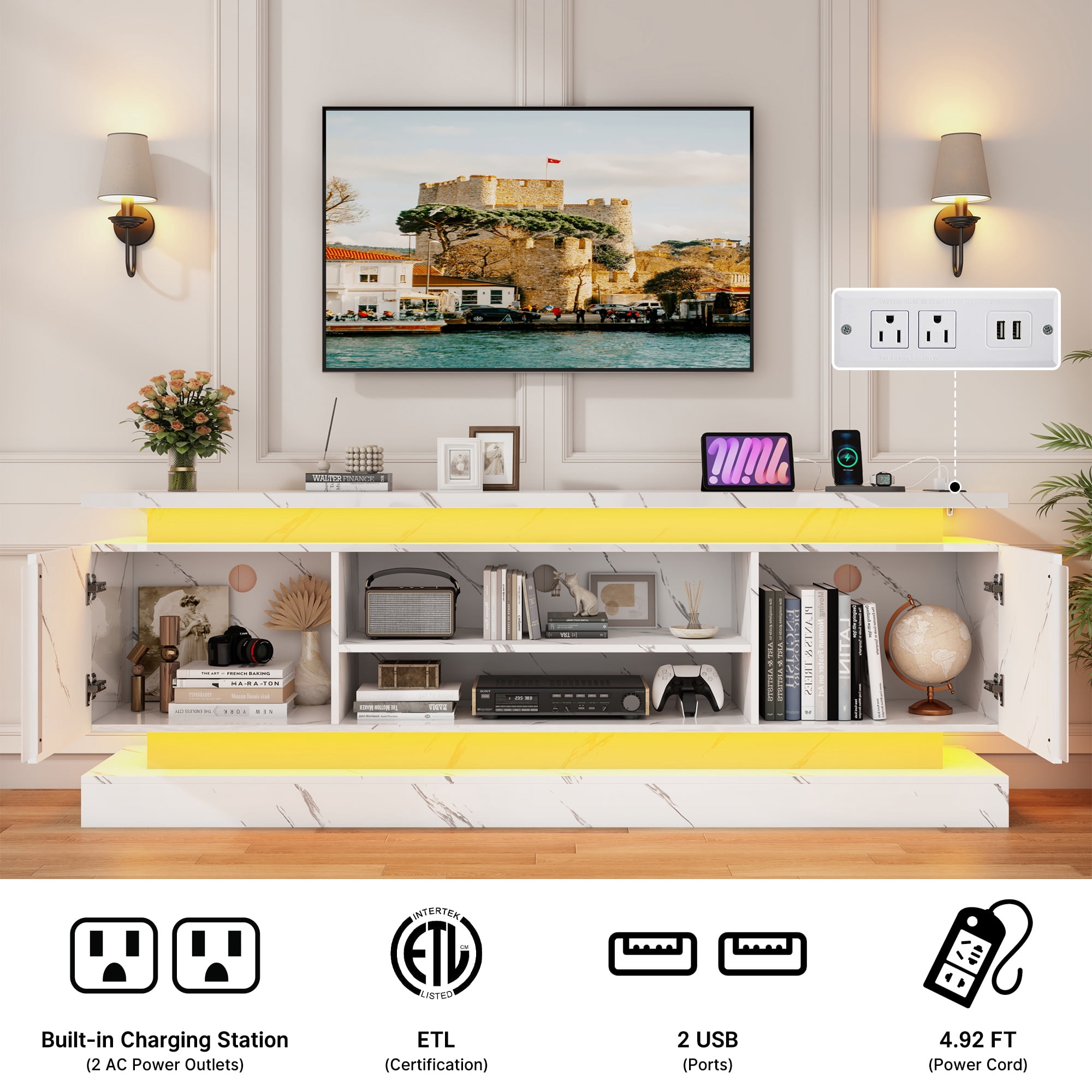 ChVans 71" LED TV Stand for TVs up to 85" with Power Outlets, Marble High Gloss Surface, 2 Storage Cabinet, Modern Style, TV Media Console with Storage, Marble Black
