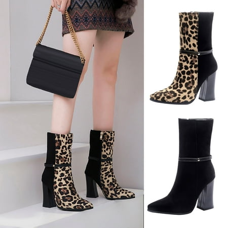 

Women Boots Leopard Print High-heeled Boots In Autumn And Winter Pointed Toe Large Size Boots Boots