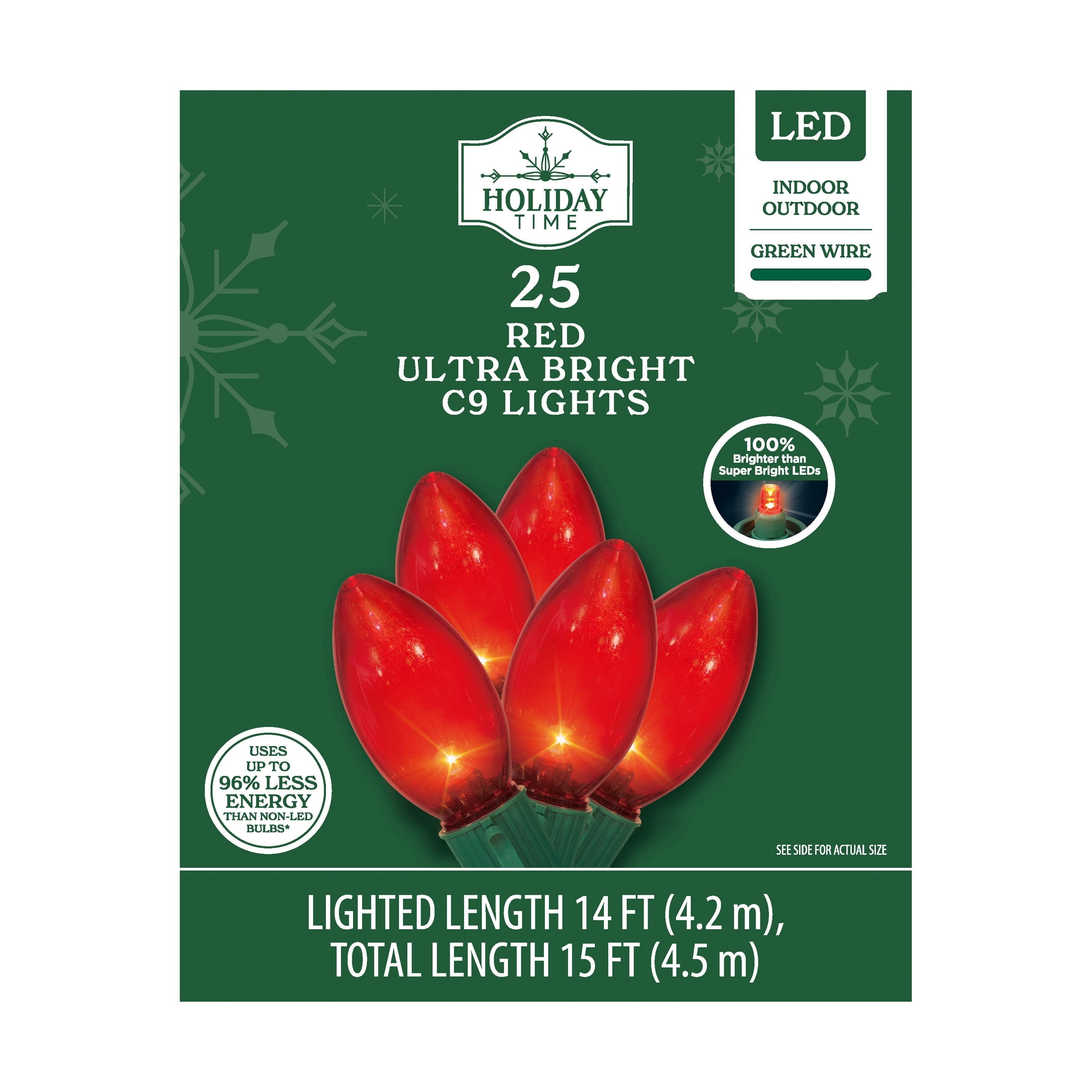 Indoor/Outdoor 25-Count LED Ultra Bright C9 Christmas String Lights, Red, Green Wire, 14', by Holiday Time