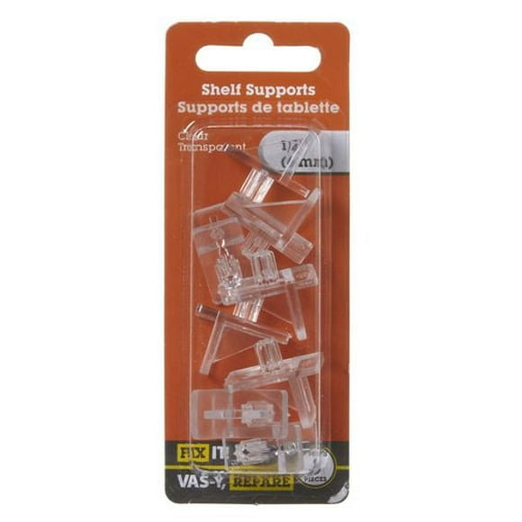 Supports de tablettes1/4 po transparents 8 pièces Les supports à tablette sont conçus pour s'insérer dans les trous percés des armoires et des murs ainsi que dans les panneaux perforés. Ils sont idéals pour soutenir les tablettes de verre et de bois.