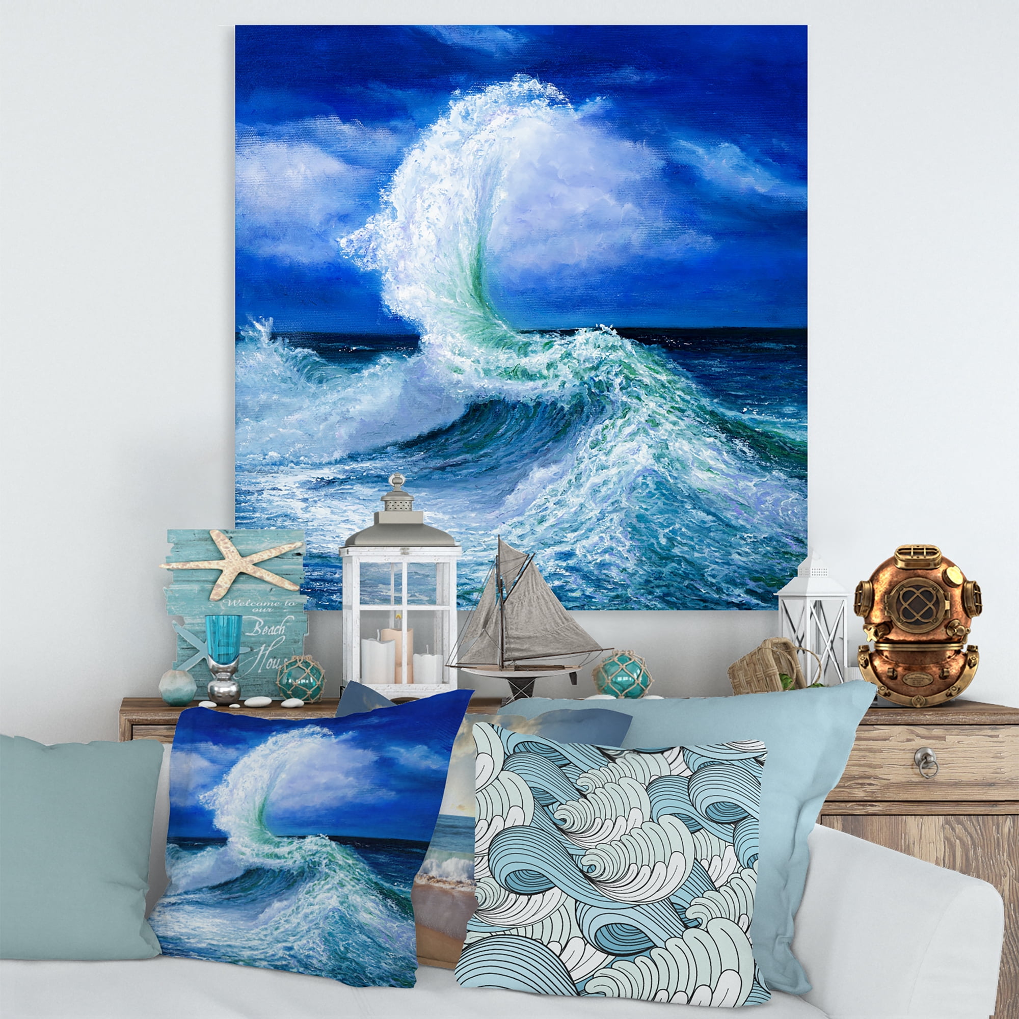 Designart ' Waves Breaking During Wild Blue Ocean Tide ' Nautical & Coastal Canvas Wall Art Print