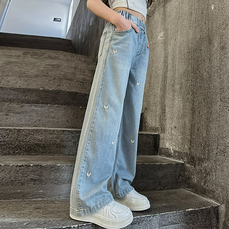 Girls Cute Wide Leg Flared Jeans Kids Oversized Elastic Waist
