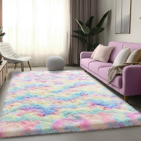 ZENELESS Indoor Fluffy Rug,5x7 Tie-Dye Rainbow Fuzzy Non-Slip Carpets for Living Room Bedroom Home Decor