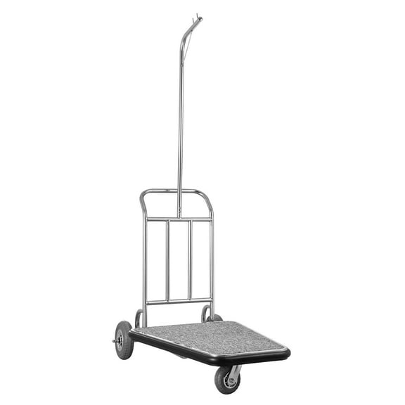 KFFKFF Baggage Trolley, Supports up to 600 LBS, Tri-Wheel Stainless Steel Porter Cart, Service Trolley with Grey Carpeted Platform and Rubber Tyres, Suitable for Event Venues, Accommodations
