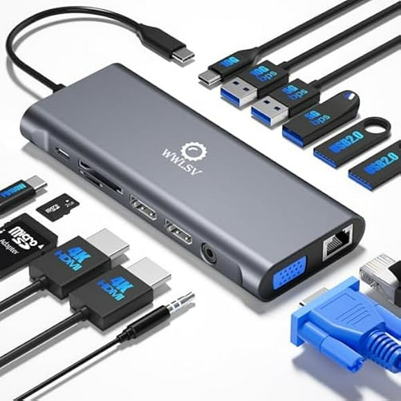 14-in-1 Triple Display USB C Docking Station with Dual 4K HDMI and Gigabit Ethernet