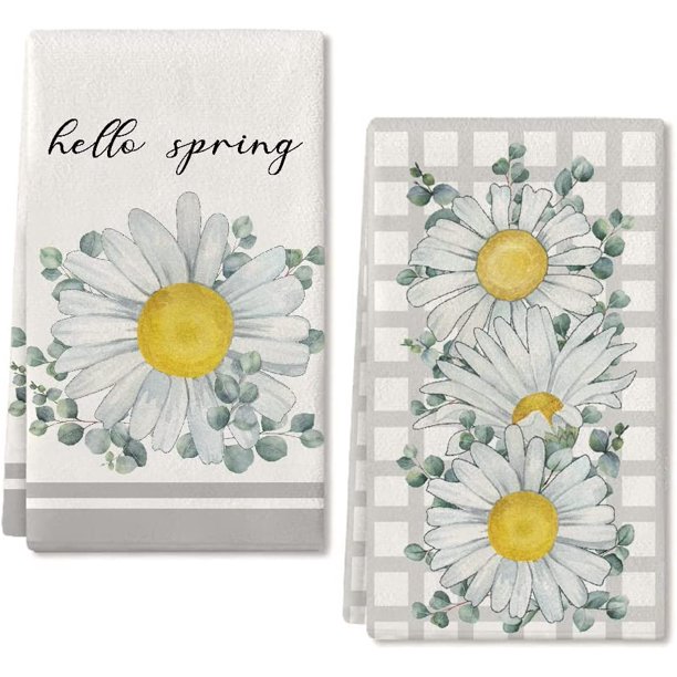Kitchen Towels for Spring Decor White Daisy Dish Towels 18 x 26 Inch