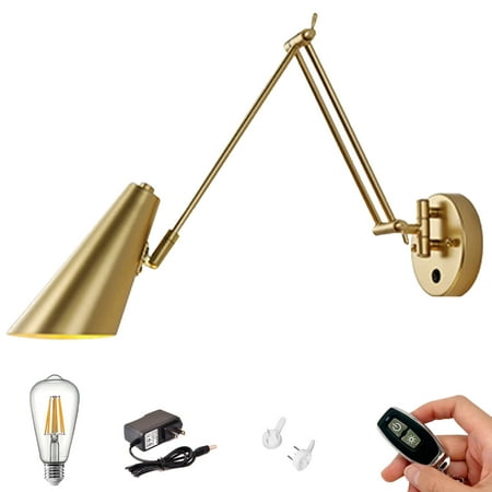 

Kiven Battery Operated Iron Swing Arm Wall Lamp Vintage Gold Rechargeable Wall Sconces E26 Socket Bulb Included(Warm White) 1 Light