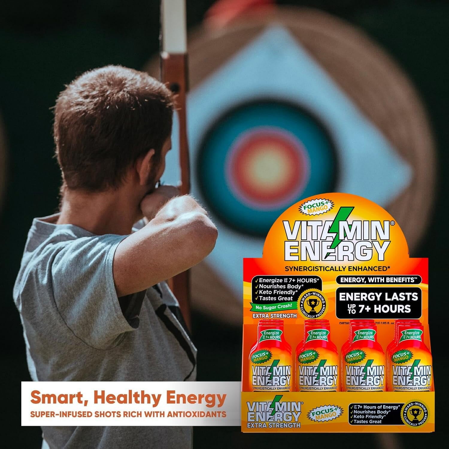 Vitamin Energy Focus+ Extra Strength Shot, Mango, 24 Pack – 260mg Natural Caffeine, CoQ10 & B-Vitamins, Zero Sugar, 1.93 fl oz