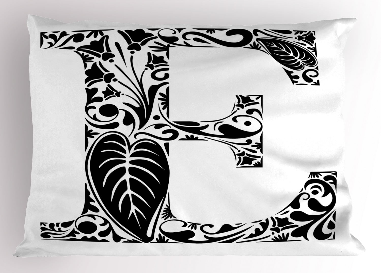 Letter E Pillow Sham Floral Swirls and Curls Big Leaf Blooming Meadow