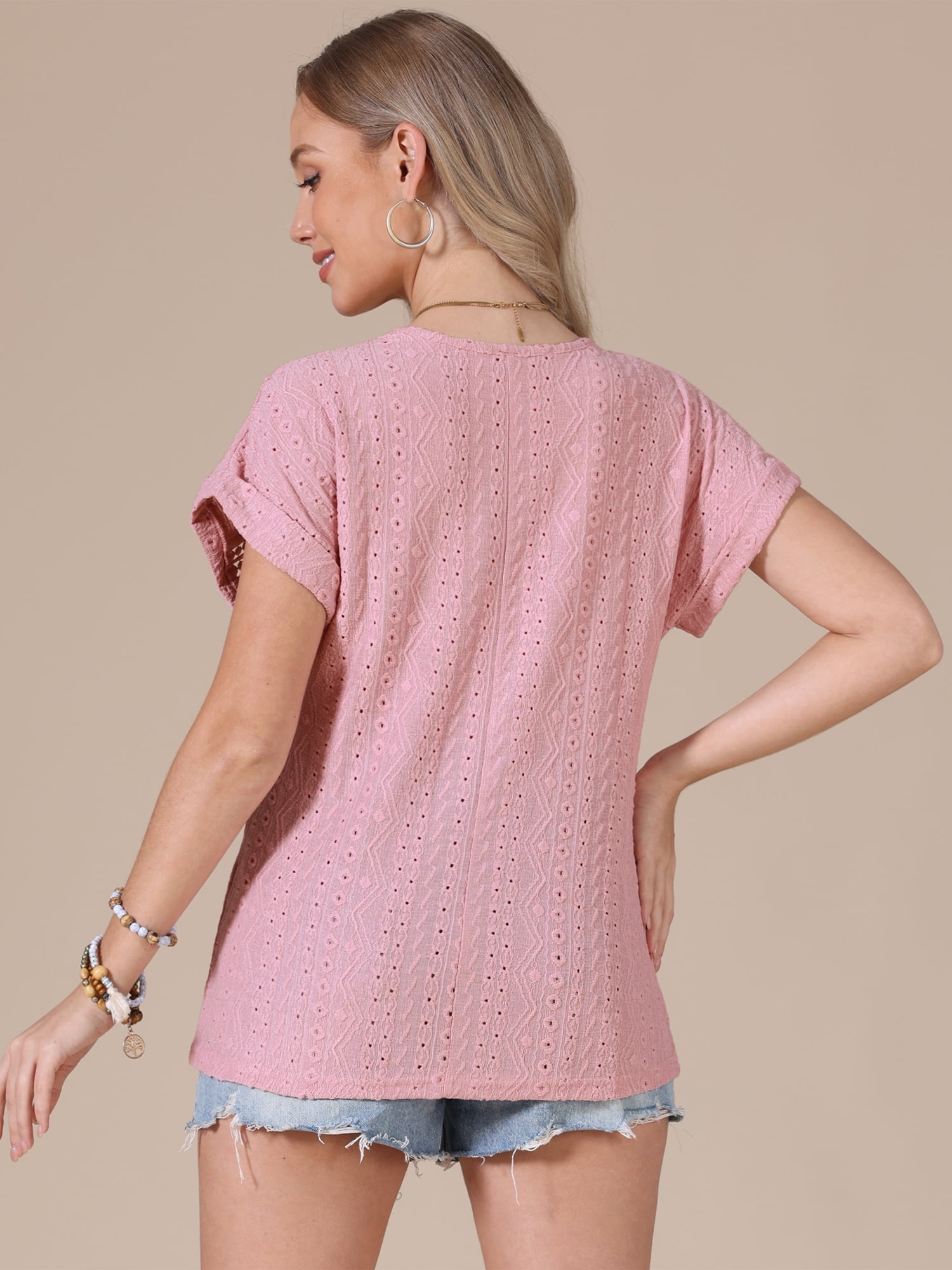 DARING DIVA Women's Short Sleeve Hollow Out Casual Eyelet Tops 2XL Pink