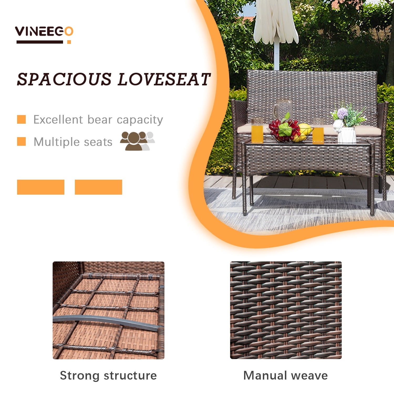 Vineego 4 Pieces Outdoor Patio Furniture Sets Conversation Sets Rattan Chair Wicker Sets with Cushioned Tempered Glass