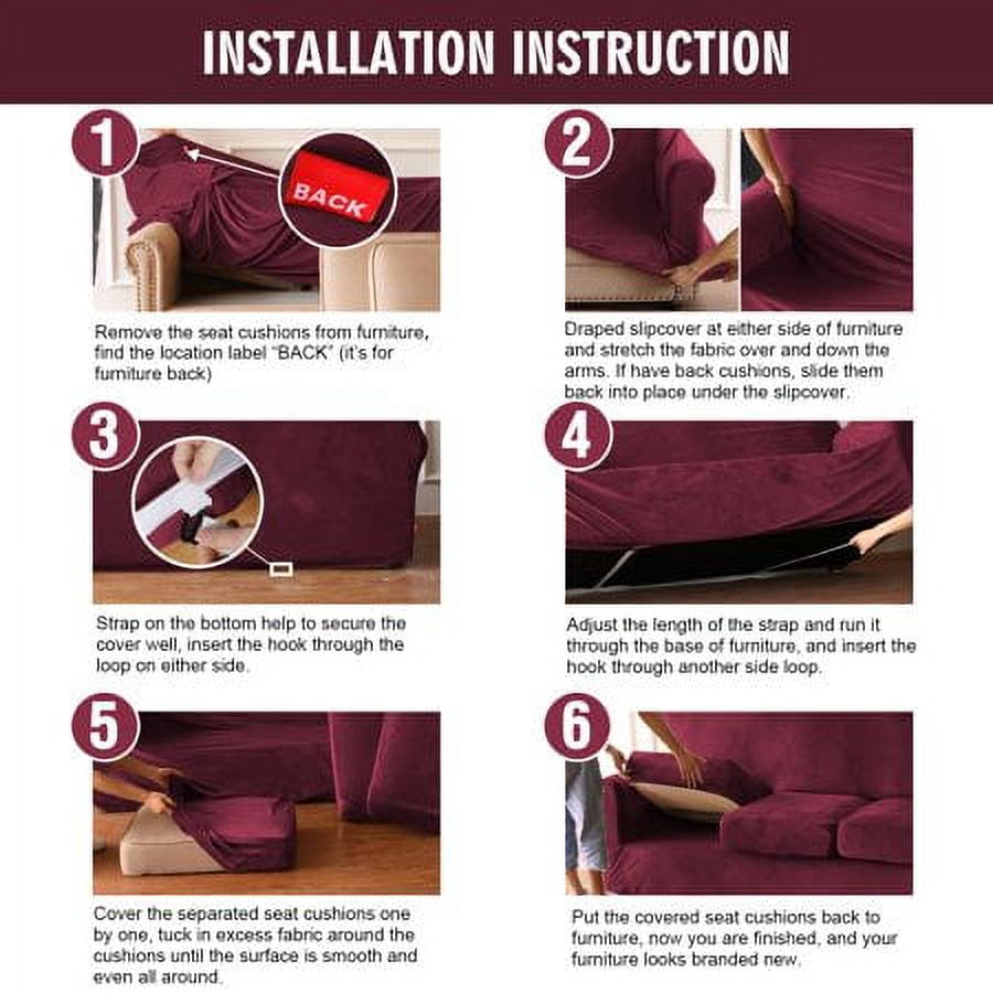 JIAN YA NA Stretch Velvet Sofa Covers Large Couch Covers Sofa Slipcovers with Seperate Seat Cushion Covers(Burgundy, Sofa Cover)