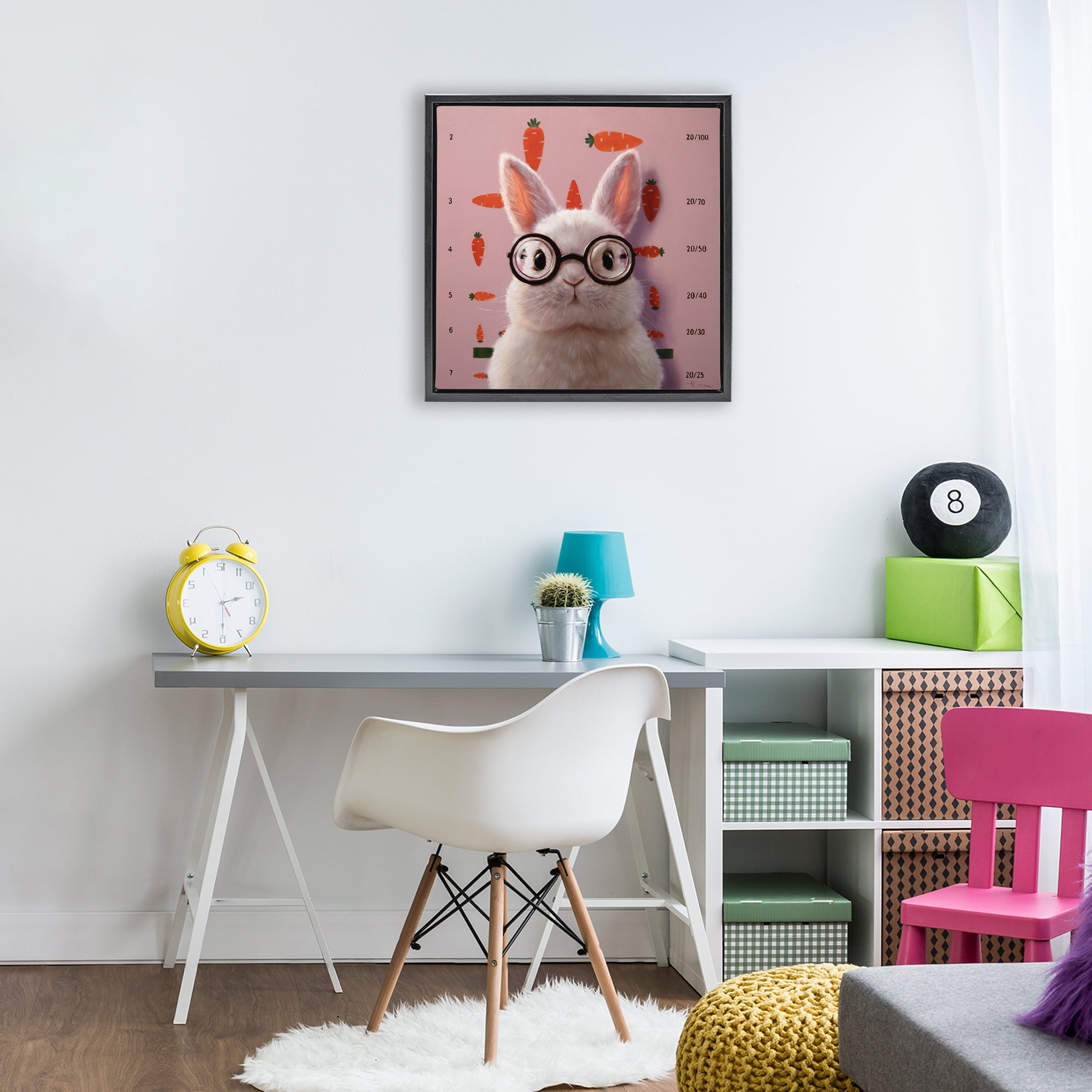 Bunny & Carrots Eye Exam Black Framed Floater Canvas Wall Art, design by Lucia Heffernan