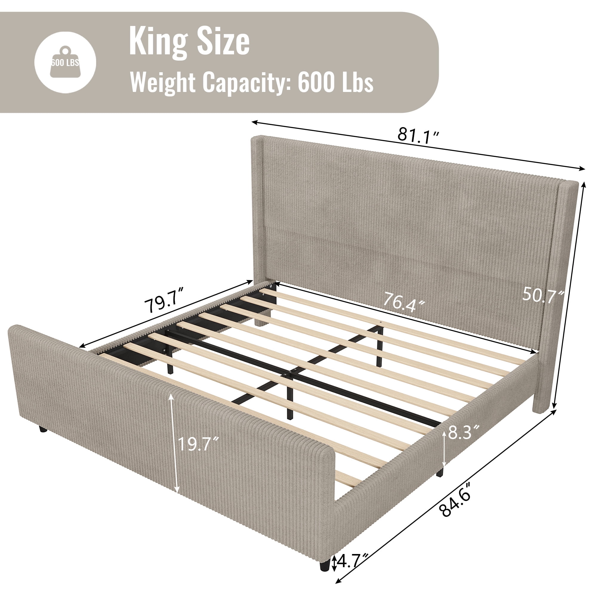 Miniyam King Size 50.7'' High Headboard Corduroy Upholstered Bed Frame with Vertical Stripe Wingback and High Footboard,No Box Spring Needed,Taupe
