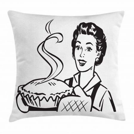 Serving Wear Vintage Woman Throw Pillow Cushion Cover, Housewife Wearing Mittens Holding and Serving Freshly Baked Pie at Home, Decorative Square Accent Pillow Case, 20 X 20 Inches, Black and White, by Ambesonne ()