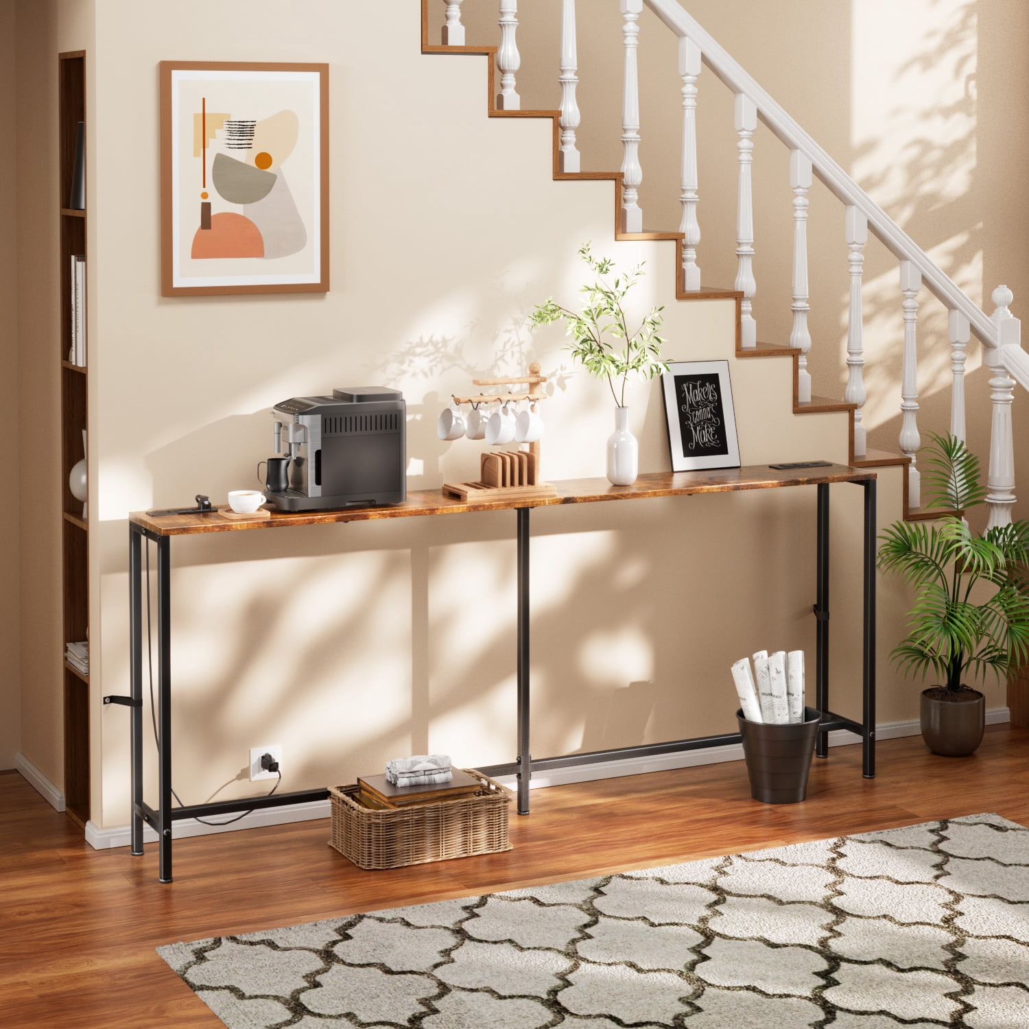 HLDIRECT 71 inch Console Table with Storage, Narrow Entryway Table with Outlet, Sofa Table with LED Light for Living Room, Hallway Table