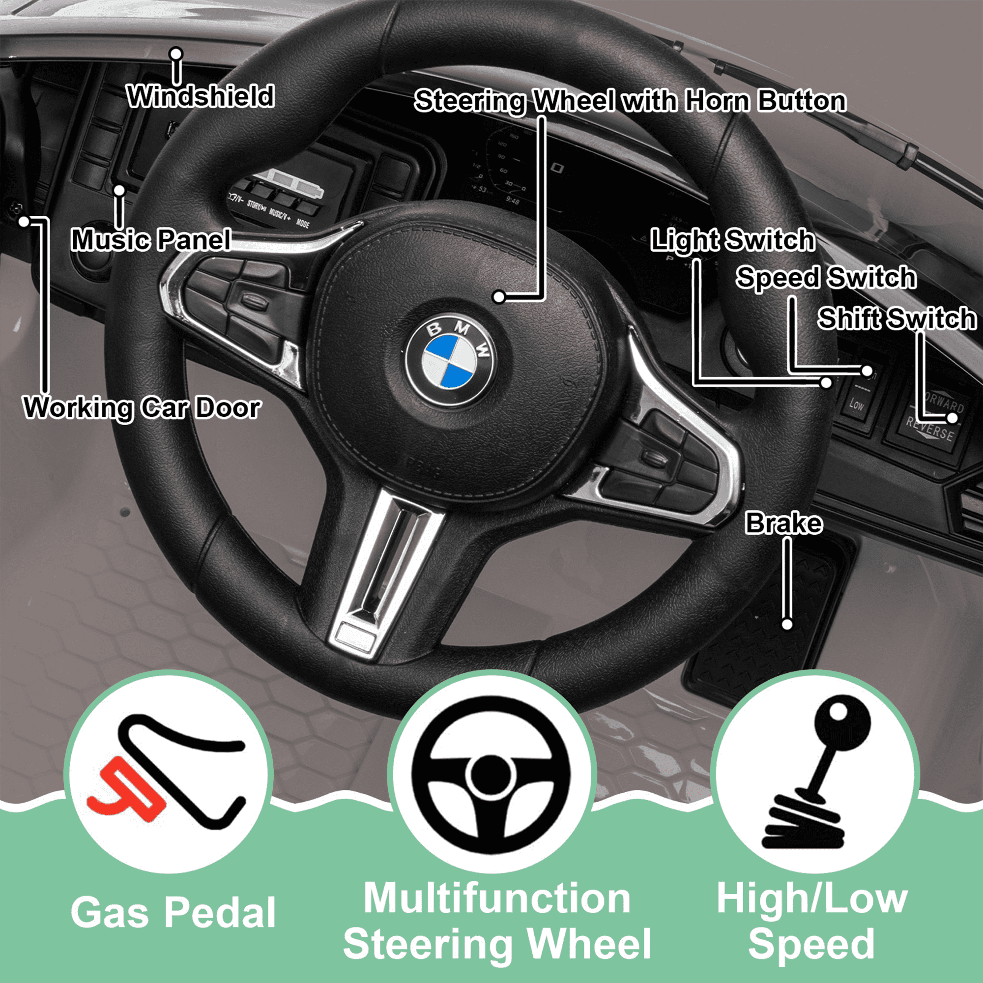BMW M4 24V Kids Ride On Toy Car with Remote Control, Toddler Electric Car with 3 Speeds,USB,MP3,Bluetooth,LED Lights,Battry Powered Ride On Car For Kids Aged 2+,Silver