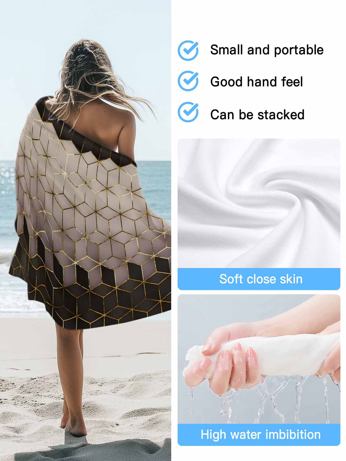 Abstract Watercolor Beach Towels Blanket Soft & Absorbent Quick Dry Microfiber Geometric Cube Pattern Pool Towels for Swimming ,Yoga, Sports, Gym, Camping,Large 30X60in, Brown