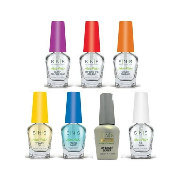 SNS Dip Liquid Nutri-Plus 7pcs - Brush-On Glue,E.A Bond,Gelous Base w/ Cal&Vit E ,Super Shine Gel Top,Super Sealer Dry,Vitamin Oil,Brush Saver ( 0.5 oz each )