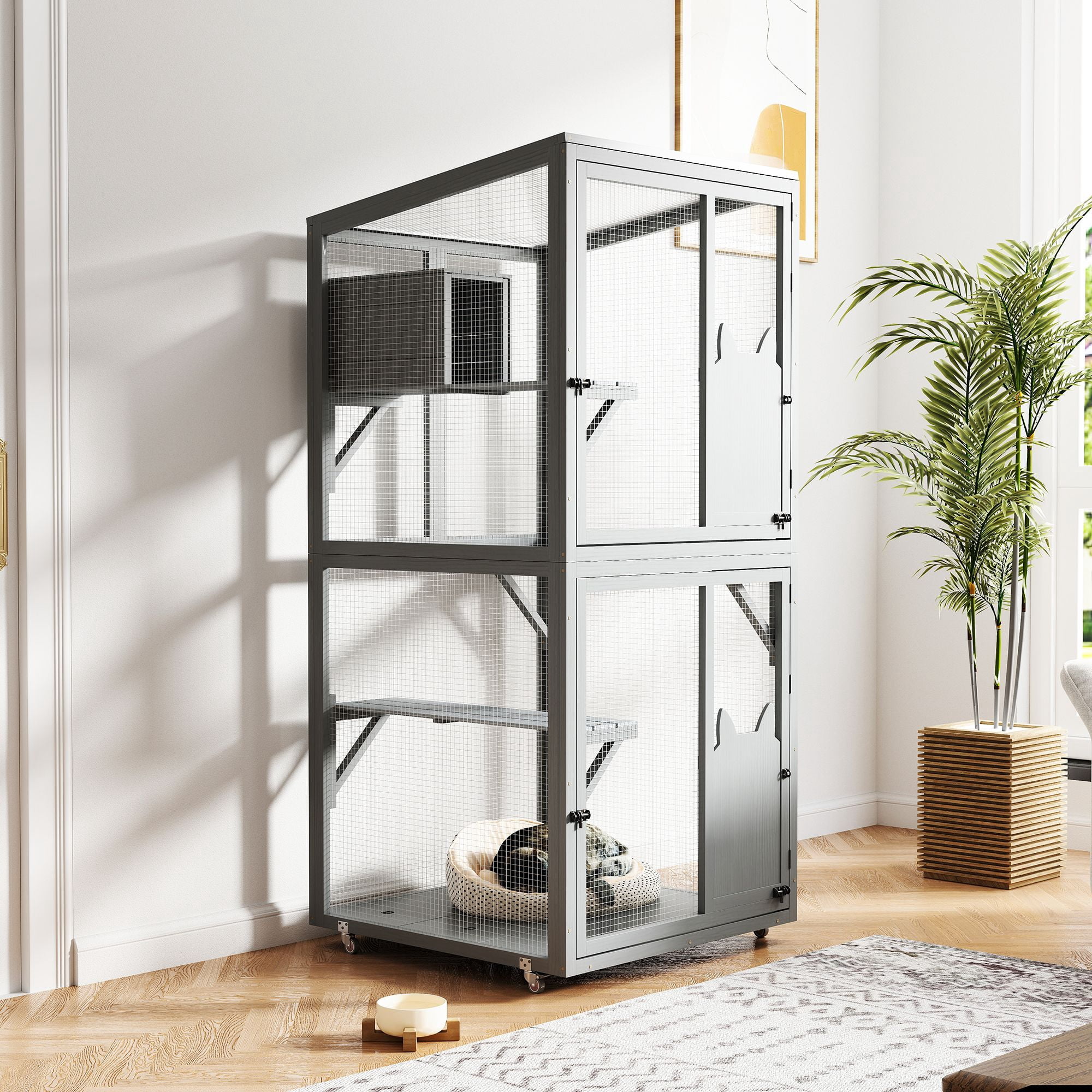 Pefilos 70" Outdoor Wood Cat House, 3 Floors Cat Enclosure Catio, Indoor Kitten Playpen with Resting Box, Cat Cage Waterproof Sunlight Roof, Gray