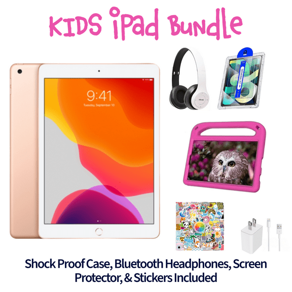 Restored Apple iPad 7 Kid's Bundle - 10.2" 128GB Gold (Wi-Fi) - Shock Proof Case, Screen Protector, Kid's Stickers, and Charger Included (Refurbished)
