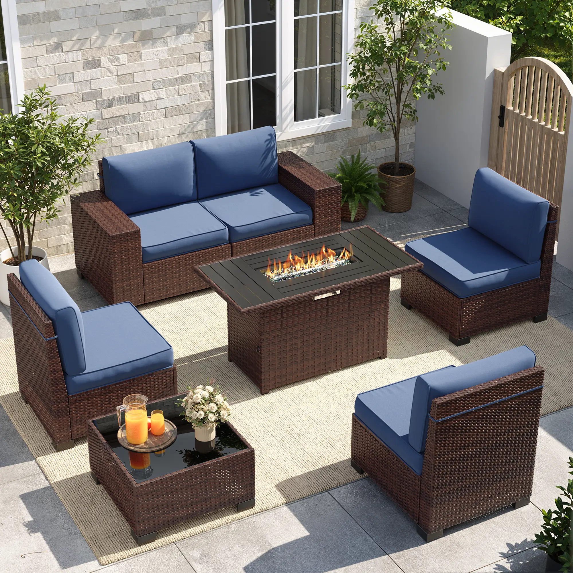UDPATIO Patio Furniture Set with Fire Pit Table, Outdoor Patio Sofa Set With Wide Armrest, All-Weather Wicker Rattan Guest Set With Cushion And Glass Table And Waterproof Cover, Brown&Navy Blue