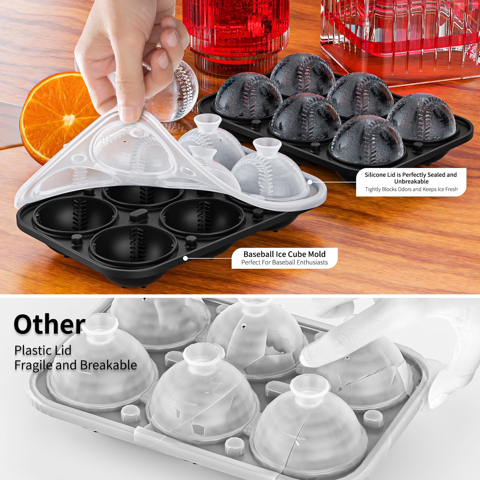 6 Chamber 2.2" 3d Baseball Gifts Ice Cube Tray With Funnel Large Round Ball Maker Mold Silicone Fun Shapes Sphere Molds For Chilling Brandy And Beverages