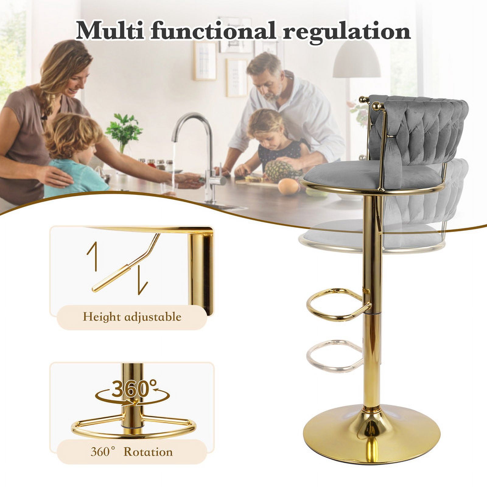 Hawsaiy Modern Velvet Bar Stool Set of 2 with Woven Back and Footrest for Kitchen, Bar, and Dining Spaces,Dark Gray