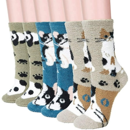 

DFANEY Fuzzy Slipper Crew Socks for Women and Girls - Cute Cat Soft Thick Winter Cozy Socks