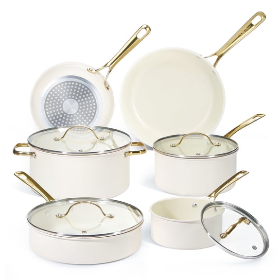Chef Power 10 Pcs Ceramic Non Stick Cookware Sets, Pots and Pans Set with Stainless Steel Handle, Dishwasher and Oven Safe, Cream White with Light Gold Handle
