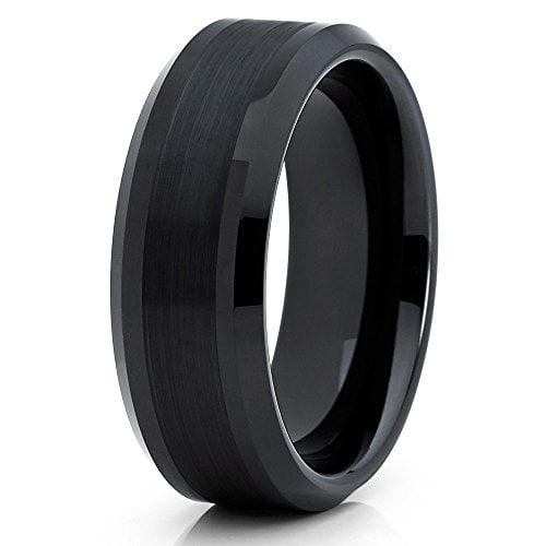 8mm Black Tungsten Carbide Ring Brushed Center Beveled Edge Band (6)
