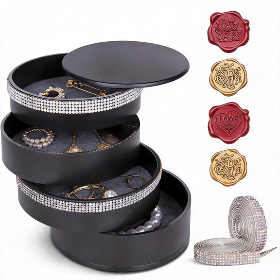 Rotating Jewelry Holder Organizer Case, 1-Pack, 5-Tier Black Jewelry Box for Women Girls, Includes Rhinestone Ribbons & 4 Wax Seal Stickers, Gift for Birthday Christmas