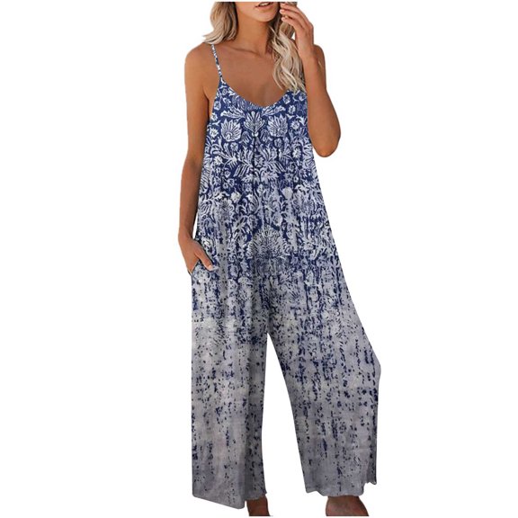 Dianli Jumpsuits for Women Loose Wide Leg Vintage Graphics Pocket Strap Long Jumpsuits Overalls Summer Formal Western Print V-Neck Sleeveless Maxi Rompers Dark Blue l