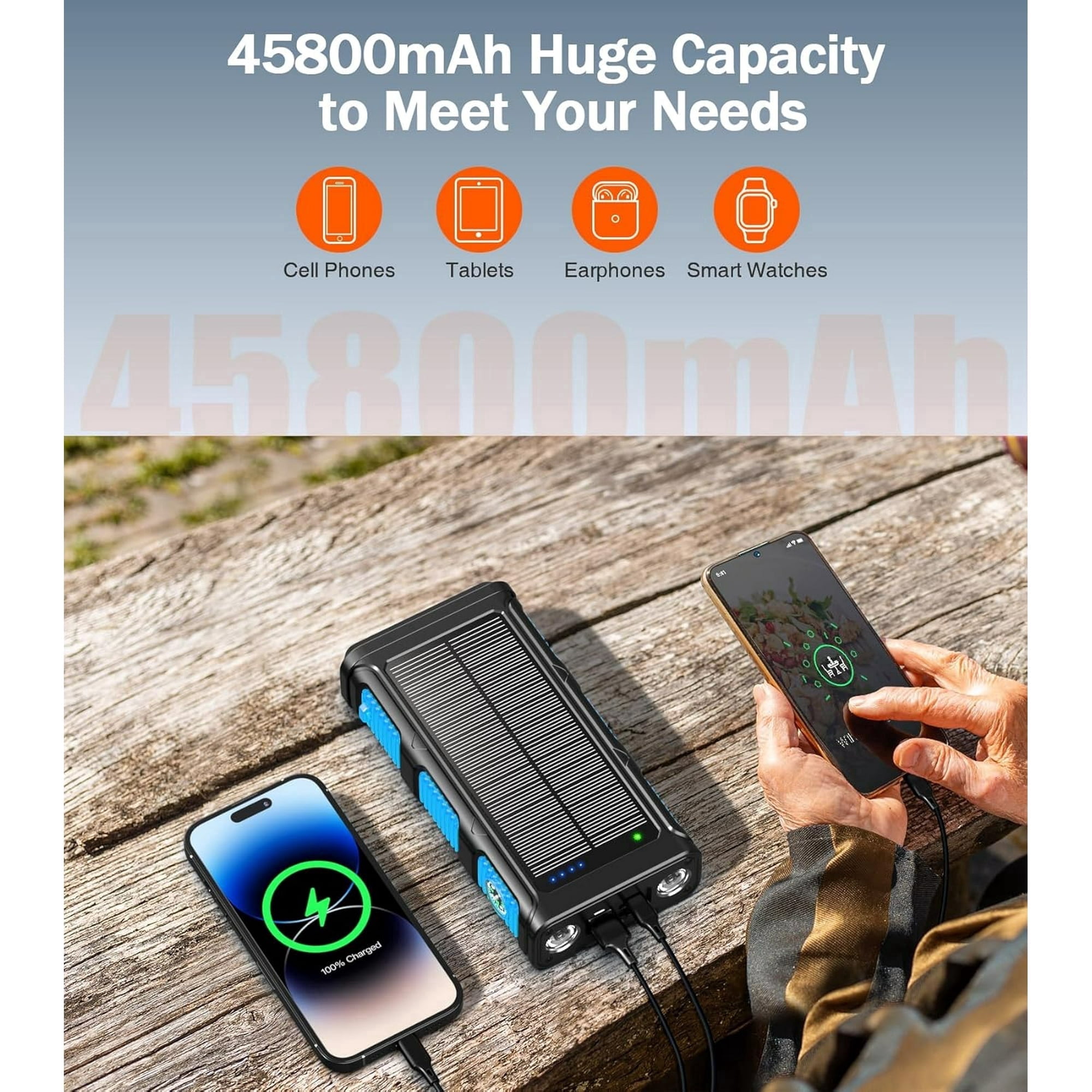 45800mAh Solar Power Bank 15W with Hand Crank & Cables & Wireless Charger, Solar Charger Compatible for iPhone, Android Phone