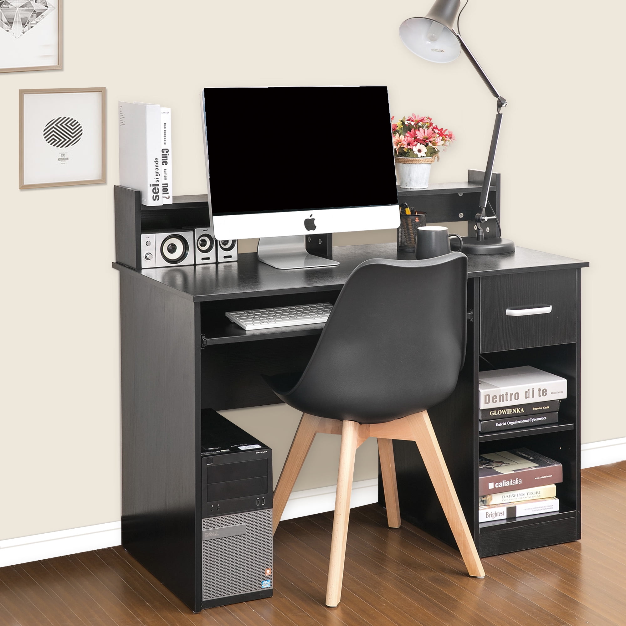 Home Office Laptop Desktop Table for Small Spaces Queiting Modern Home Office Computer PC Desk Writing Table Workstation Wood Bookshelf with Storage Shelf Keyboard Tray