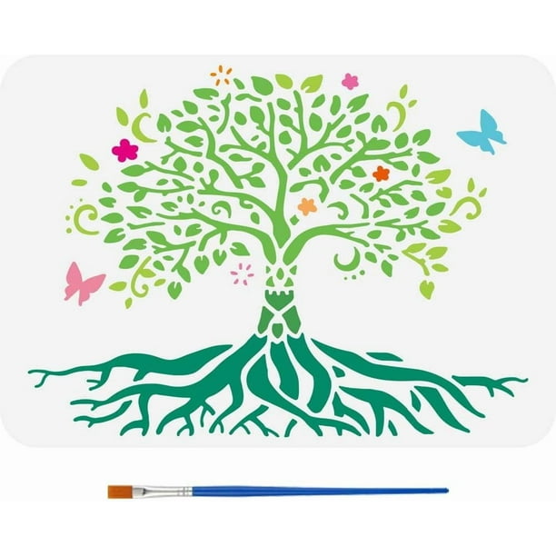 Plantilla para dibujar un mandala de árbol con pincel (11,7 x 8,3 pulgadas). Plantilla para pintar el Árbol de la Vida con flores, mariposas y otros elementos decorativos.