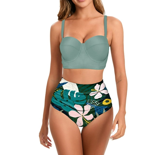 MKLEKYY Plus Size Bikini Women High Waisted Bikini trendy Push Up Two Piece Swimsuits Vintage Swimsuit Two Piece Retro Ruched High Waist Print Bikini Set