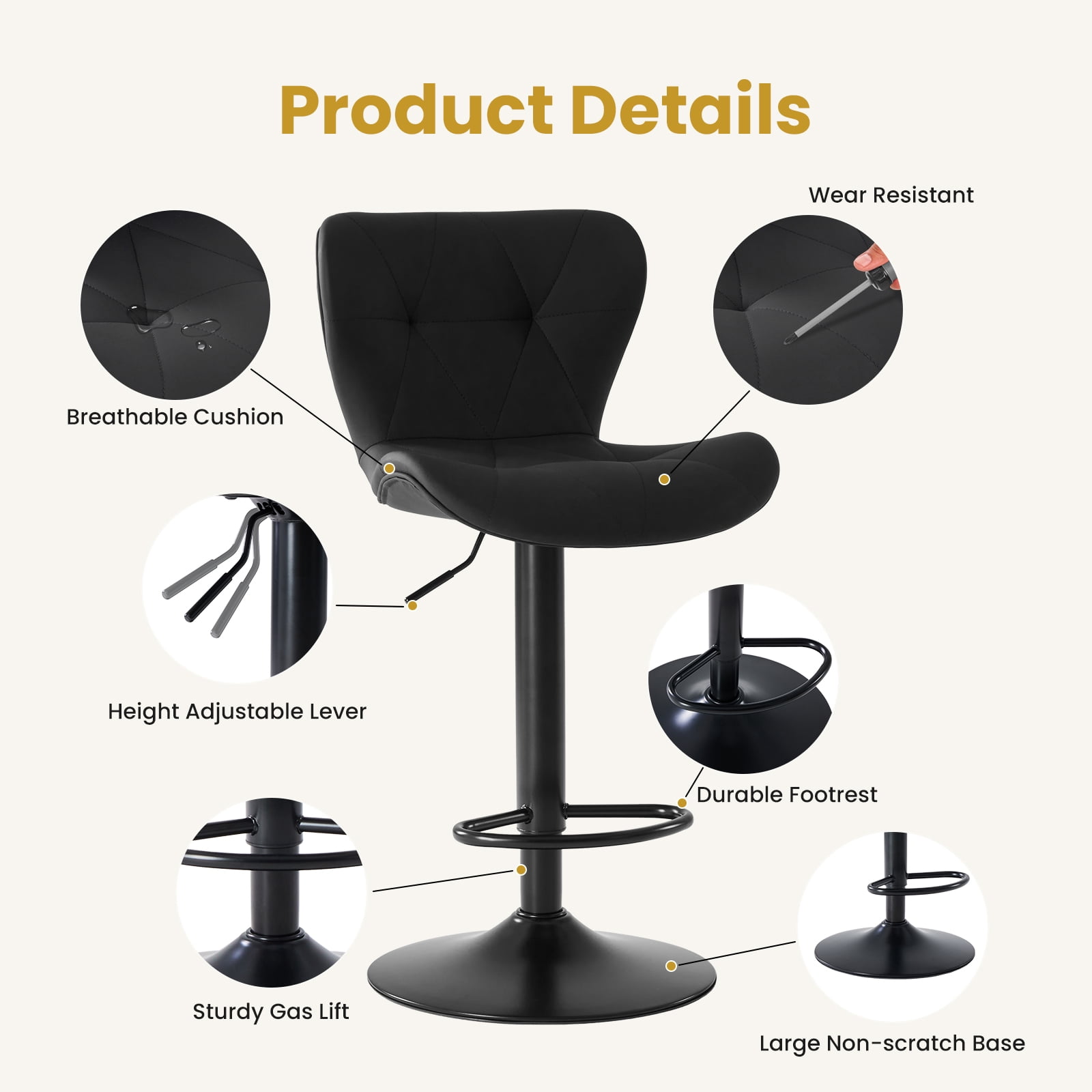 Modern Bar Stools Set of 2, Adjustable Swivel Faux Leather