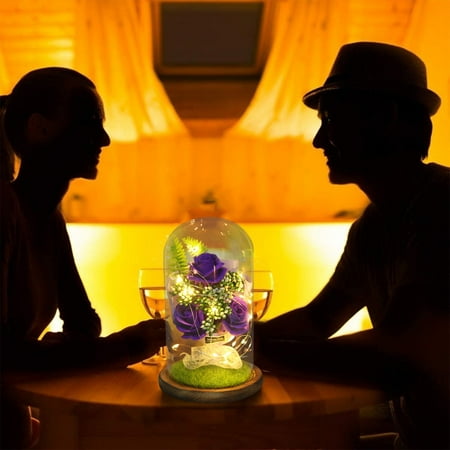 

Beauty and The Rose Flowers in Glass Dome on Wood Base Warm Light Mode-gift0711