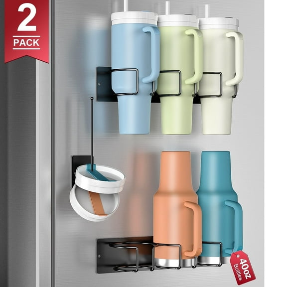 FOUKUS Magnetic Water Bottle Organizer – 2 Pack 40 oz Tumbler Cup Holder Compatible with Stanley Cup, with Extra Lid Hanger, Stainless Steel Cup Storage, Space-Saving for Fridge and Beverage Machine