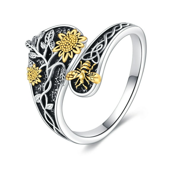 Sunflower Spoon Ring Sterling Silver Vintage Adjustable Sunflower Rings with Bee Flower Jewelry Gifts for Women