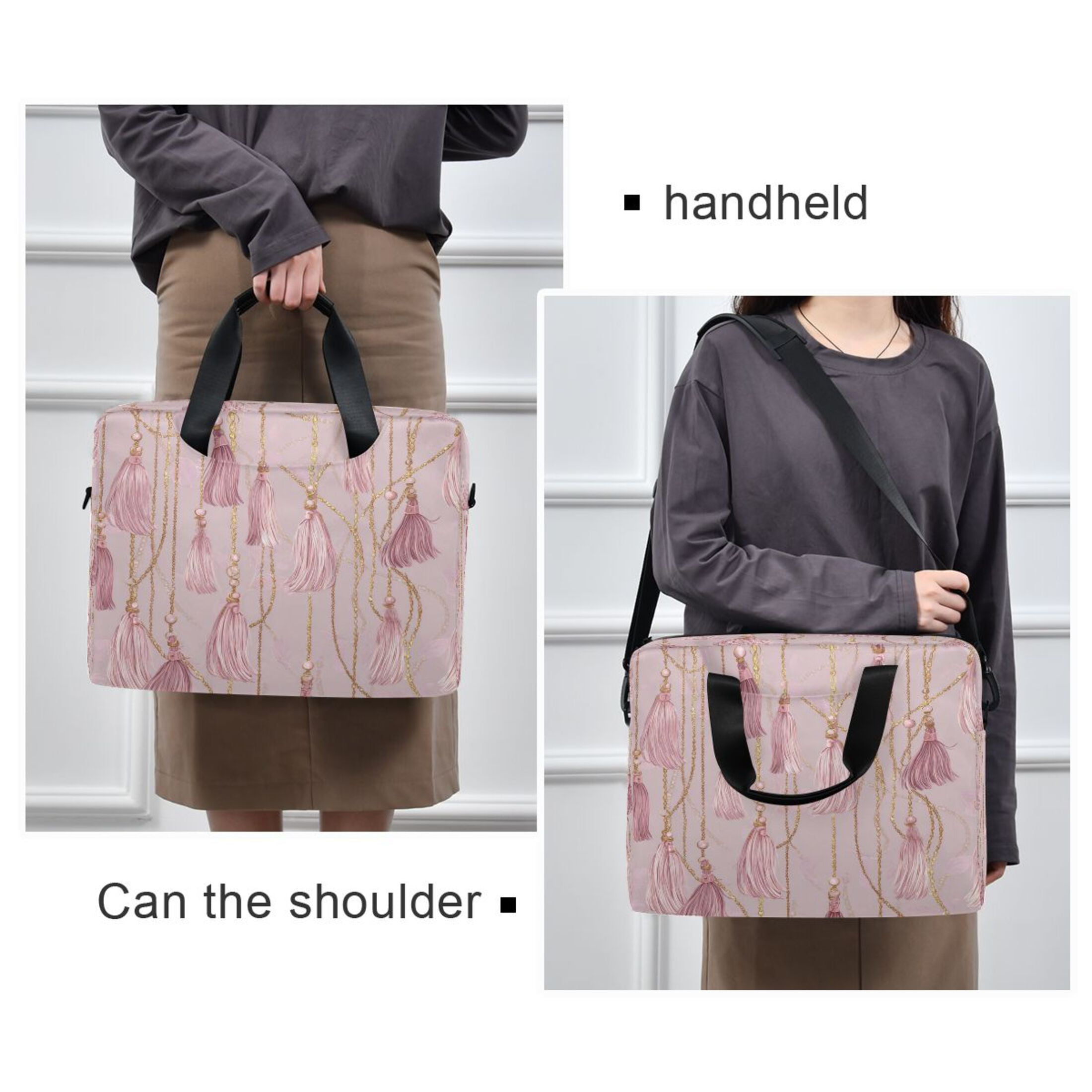 16" Laptop Tote Bag Laptop Sleeve Case Computer Briefcase for Work & Travel Light Pink Tassels