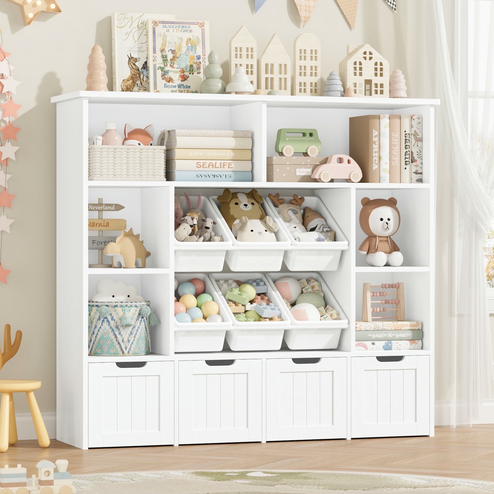 Hiphuta Large 4 Tier Kids Bookcase, Wood Toy Organizer of 6 Boxes & 4 Removable Drawers, Bookshelf for Kids Room Classroom, White