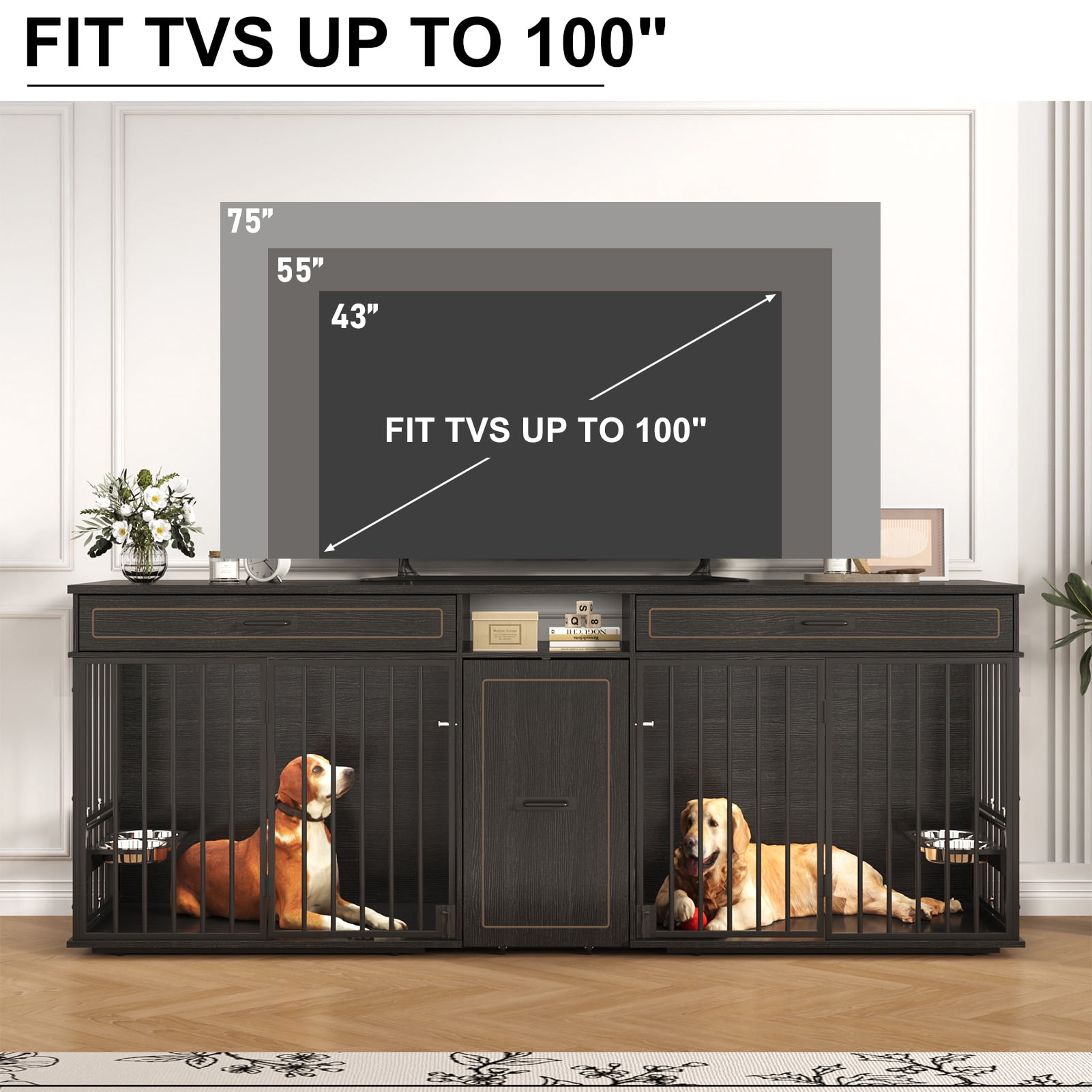 ChVans 86.6" Dog Crate Furniture TV Stand for Large Breed Dogs, Wooden Kennel with Dual rooms, Dog Bowl, 2 Drawers & Cabinet for Medium-Large Dogs
