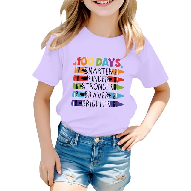 T-shirts Filles Retour à l'École Imprimé Col Rond Manches Courtes Décontractées Hauts Filles Violet 4-5 Ans