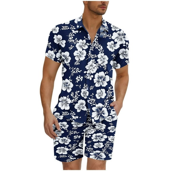 YLSDY Men's Hawaiian 2 Piece Outfits Summer Beach Palm Tree Matching Sets Short Sleeve Floral Button Down Shirts and Shorts Blue XXL