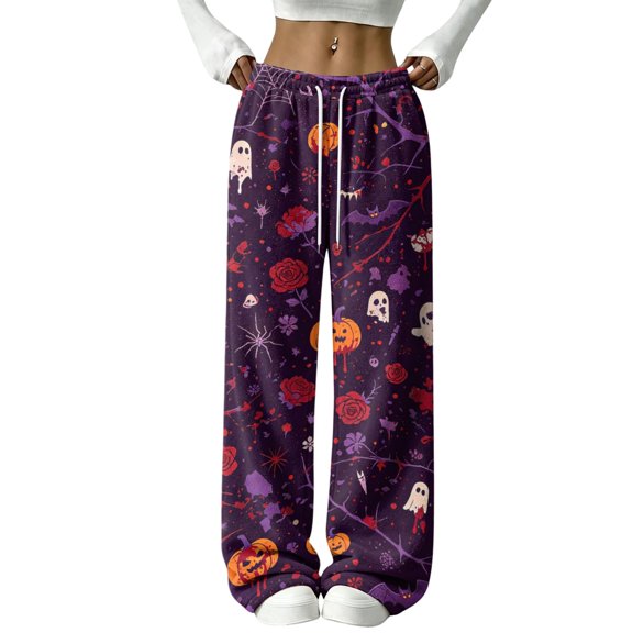 Fabrcox Fleece pajama Pants women Halloween Funny Ghost Pumpkin Witch Womens Sleeping Pants Spooky Fall Winter Cozy Plush Wide Leg Pj Pants for Women M