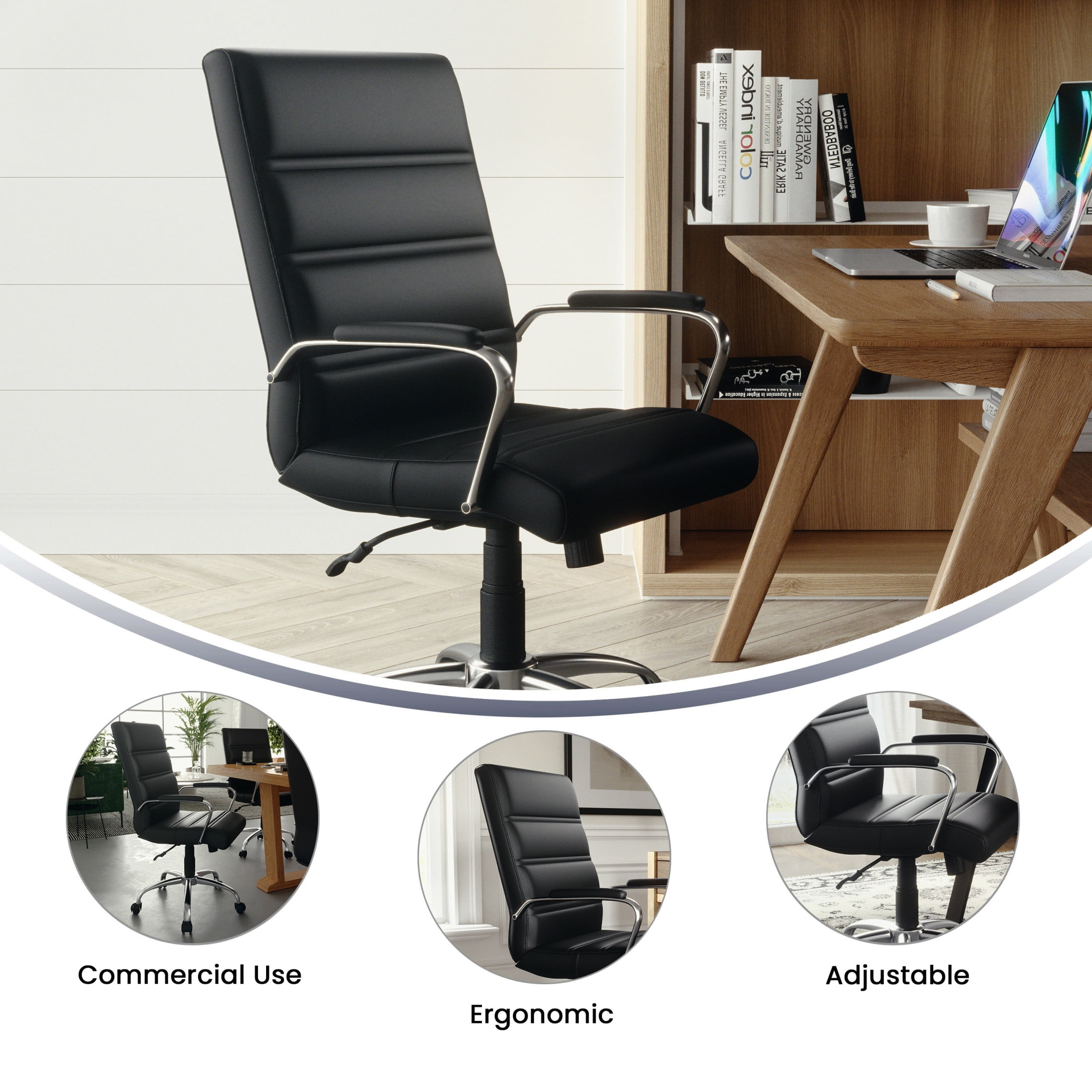 Flash Furniture Whitney Mid-Back Swivel LeatherSoft Desk Chair with Armrests, Black/Chrome
